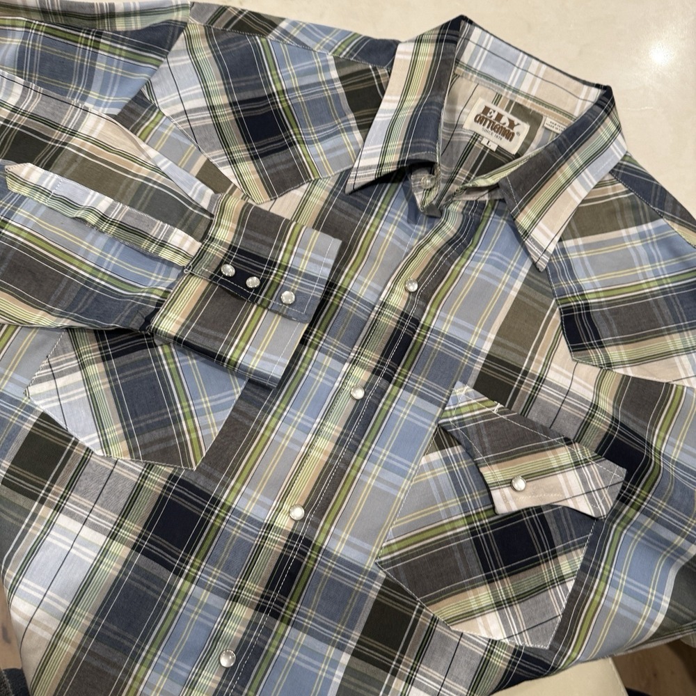 Vintage Ely Cattleman Shirt Mens Large Blue Gray Green Plaid Pearl Snap Western